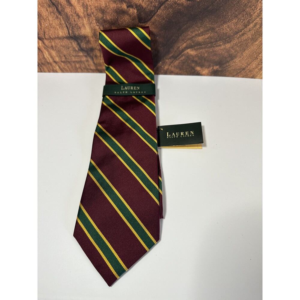 Polo Ralph Lauren Repp Striped Tie Maroon Green Gold Hand Finished NEW
